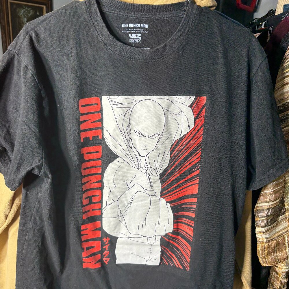 One Punch Man Saitama Stance Adult Black Graphic Print Tee T-Shirt SZ Large